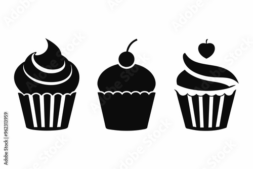 A set of 3 Cupcakes different style silhouette black color vector art illustration