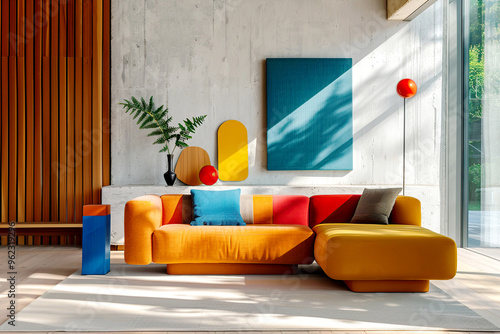 Minimalist interior design of modern living room with colorful multicolored sofa against concrete wall.