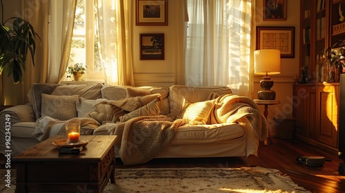 Cozy Living Room with Sunlight Streaming Through Windows