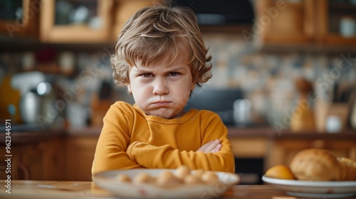 A young boy with a scowling face and crossed arms sits at a kitchen table, expressing frustration. The scene captures a candid moment of childhood emotions in a domestic setting, emphasizing mood.