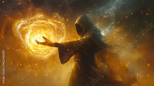 Mystical sorcerer summoning elemental magic. Sorcerer. Illustration