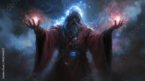 Portray a mystical sorcerer casting spells of enchantment, weaving together ancient incantations to shape the fabric of reality. Sorcerer. Illustration