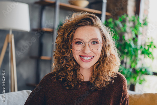 Photo of adorable pretty nice woman dressed trendy clothes comfortable house home day light indoors