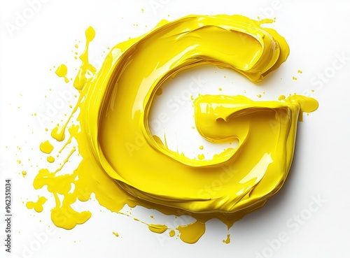 Yellow paint forming letter G isolated on white, with soft shadows for beauty industry concept.