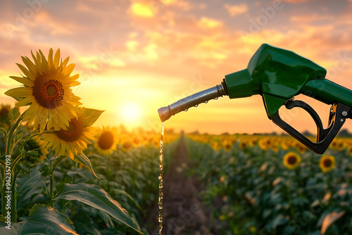 Green fuel nozzle pouring biofuel or gasoline over sunflower and corn field at sunset