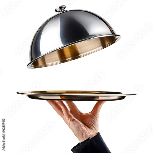 Silver serving cloche raised above empty golden plate, cut out