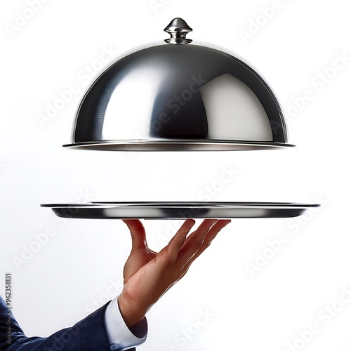 Silver serving cloche raised above empty golden plate, cut out