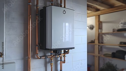 modern tankless water heater installed in a basement, the unit is connected to copper pipes and is mounted on a wall in a clean, organized utility room. Tsleek design and functionality