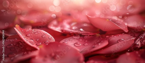 Exquisite close up of delicate red flower petals covered in glistening dew drops on a serene spring morning conveying a sense of natural beauty fragility and the renewal of the season