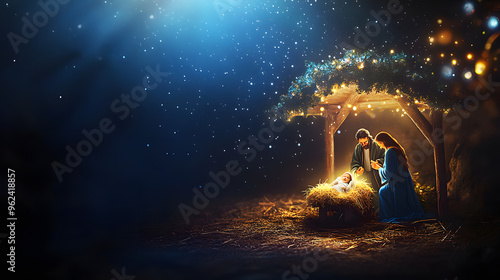 Christmas nativity scene of born child baby Jesus Christ in the manger with Joseph and Mary.illustration Christmas Nativity Scene banner background of baby Jesus in the Christmas with Mary and Joseph.