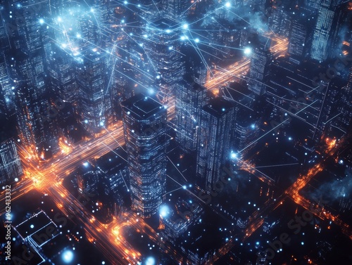 A modern cityscape from above, showcasing advanced communication networks with holographic data lines linking buildings. Futuristic architecture and glowing digital connections