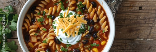 Vertical view of black bean vegetarian soup featuring spiral fusilli pasta and vegetables, topped with shredded cheese and sour cream in a white bowl on a wooden surface.