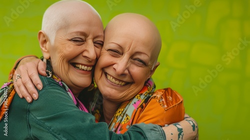 Two joyful elderly women with bald heads share a warm embrace and smile widely against a vibrant green background. Their close friendship and happiness are evident, creating a heartwarming and