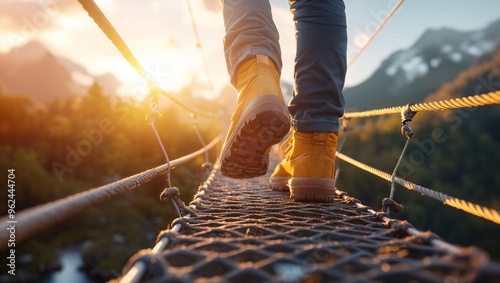 Stepping Into Adventure: A Journey Across a Scenic Suspension Bridge with the Sun Setting Behind the Mountains, Illuminating the Path Ahead in a Warm Glow of Nature's Beauty.