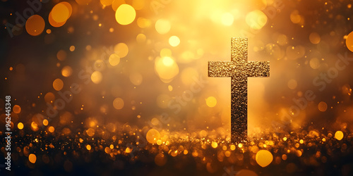 Beautiful gold bokeh background with a christian cross