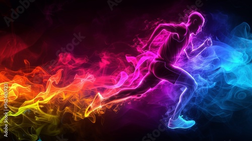 This striking image features a runner captured mid-sprint, surrounded by vibrant neon-colored smoke trails. The bold use of color and motion highlights speed and determination, ideal for dynamic