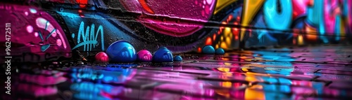 Graffiti art on an urban wall, vibrant and dynamic, Urban, Bright hues, Photograph, Street culture