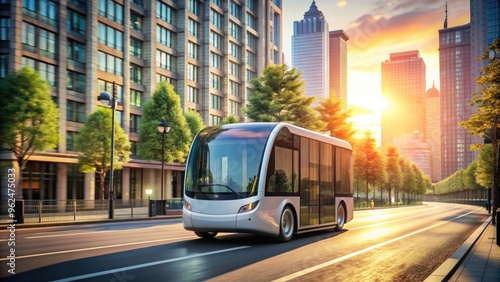 Self driving bus navigating through urban streets, self driving, bus, automated, transportation, technology, autonomous