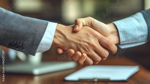 Two businessmen shaking hands in a meeting.