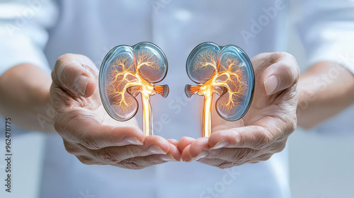 Doctor holding digital illustration of human kidneys in hands representing renal health and medical care.