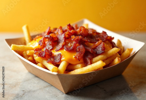 Crispy fries with bacon and cheese in a disposable tray, ideal for food advertising.