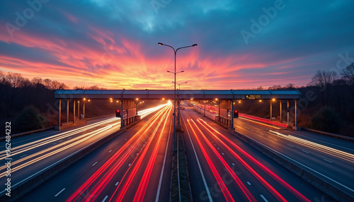 Light trails from vehicles brighten the highway toll plaza at dusk, with vibrant sky colors.