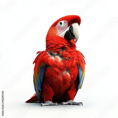 A red and blue parrot is sitting on a white background