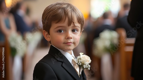 Ring bearer carefully carrying the couple's wedding bands down the aisle