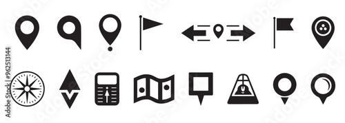 Set of pointers. Black map markers. Map pins. Navigation and location icons. compass icon. Vector illustration.