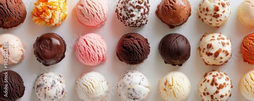 A creative shot of mini ice cream sandwich bites, each with different flavors and coatings, arranged in a grid pattern on a clean white background with plenty of copy space