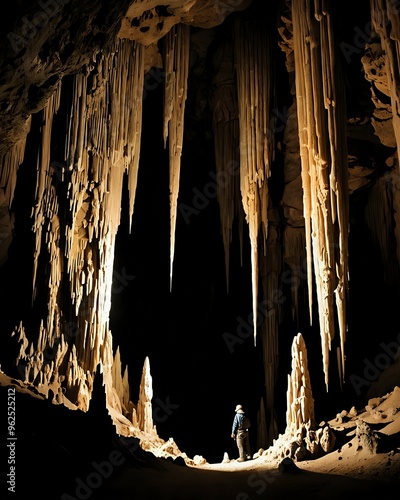  in a deep cave, stalactites and stalagmites gleam in the dim light, creating stunning natural sculptures untouched by human hands