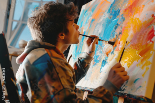 Young Caucasian male artist in a wheelchair contemplates a vibrant abstract painting in a sunlit studio.