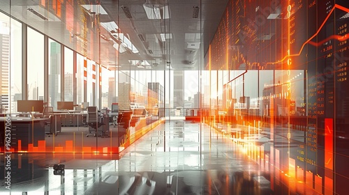 Modern office interior with a cityscape view and financial data projections