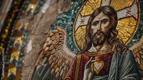 A mosaic depicting the Heart of Jesus in the Basilica di Santa Eufemia, created by an unknown artist. A profound representation of religious devotion and sacred art.