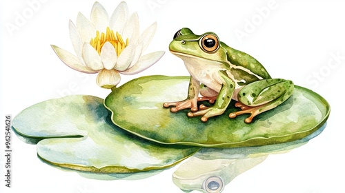 A vibrant frog perched on a green lily pad beside a serene water lily, showcasing nature's beauty in a tranquil aquatic setting.