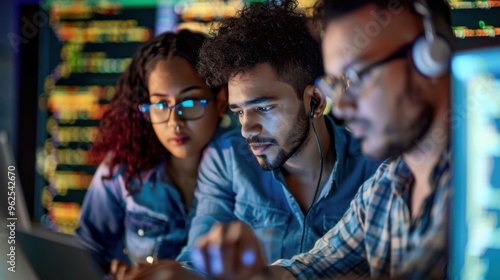 Two diverse developers using a laptop, discussing code on large screens around them. Male and female programmers collaborating on software creation and bug fixing.