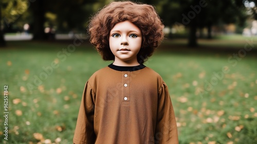 A lifelike mannequin of a child standing in a park. The unsettling features and uncanny valley effect create a surreal and eerie atmosphere in this outdoor scene.