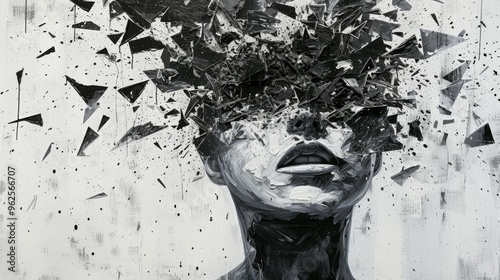 A striking monochrome abstract artwork depicting a human face shattered into countless fragments. The dynamic and chaotic composition conveys themes of fragmentation, identity, and turmoil.