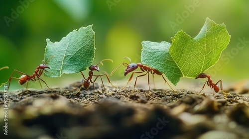 Macro shot of ants carrying leaves while marching on a jungle trail, capturing the industrious nature of these tiny creatures