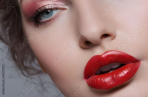 Close-up beautiful young attractive woman with super bright red hot lipstick, sensual girl wearing stunning color makeup, flirty radiant female confident look beautiful womanly and feminine cosmetics