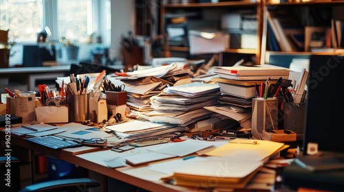 A messy workstation with documents and office supplies strewn across the desk, reflecting a lack of organization and productivity