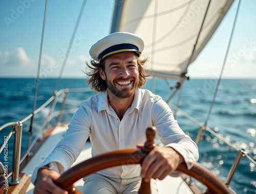 Smiling Man Steering Sailboat on Ocean: Adventure Travel and Nautical Lifestyle Concept