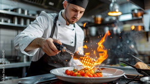 Chef flamb ing a dish with a blowtorch