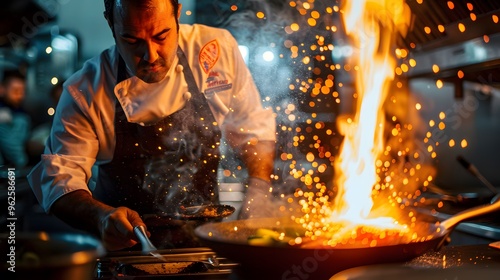 Chef flamb ing a dish with a blowtorch