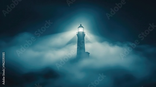 A lighthouse beam cutting through thick fog at night, with the light creating a haunting, atmospheric effect