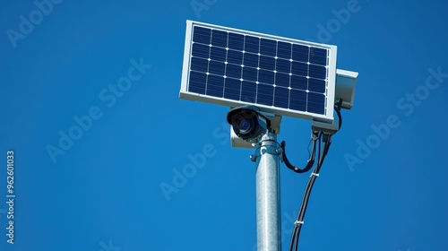 A solar-powered security camera with a Wi-Fi antenna on a remote surveillance tower.