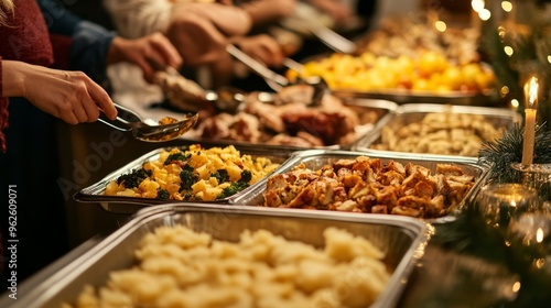 Festive Buffet Table with Roasted Potatoes and Other Delights