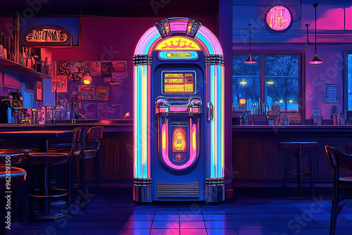 Colorful neon psychedelic cartoon illustration of a 1980s' jukebox in a diner