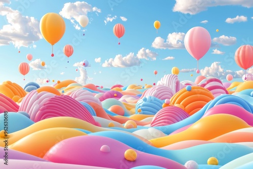 Fantastical 3D Landscape with Floating Balloons in Vibrant Pastel Hues