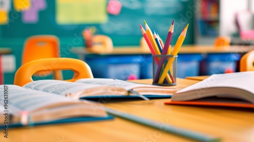 classroom desk featuring open textbooks, freshly sharpened pencils, and a ruler, with an organized layout and large copy space for text